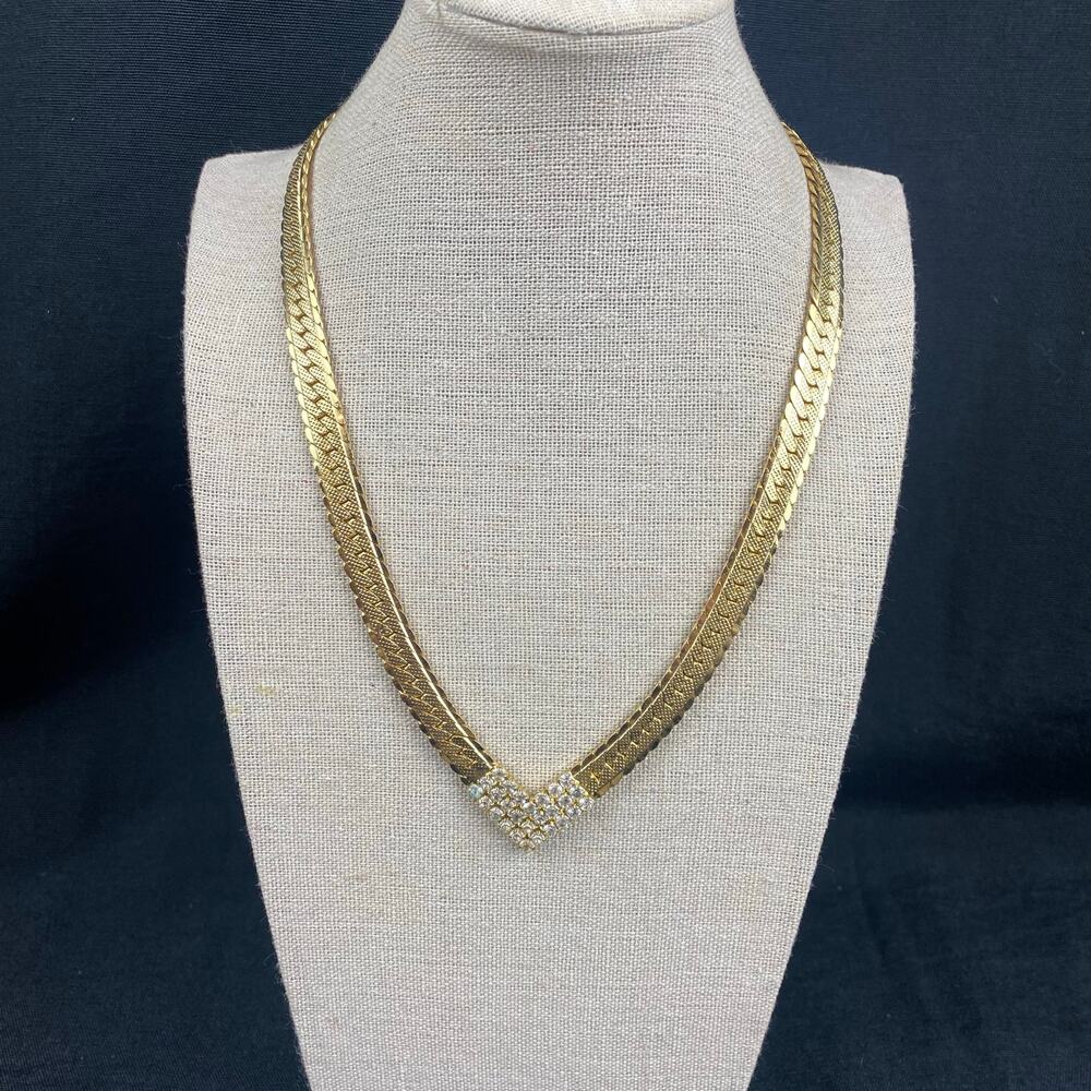 Art Deco Gold Tone Herringbone V-shape Thick Flat Chain Necklace w/ Rhinestones